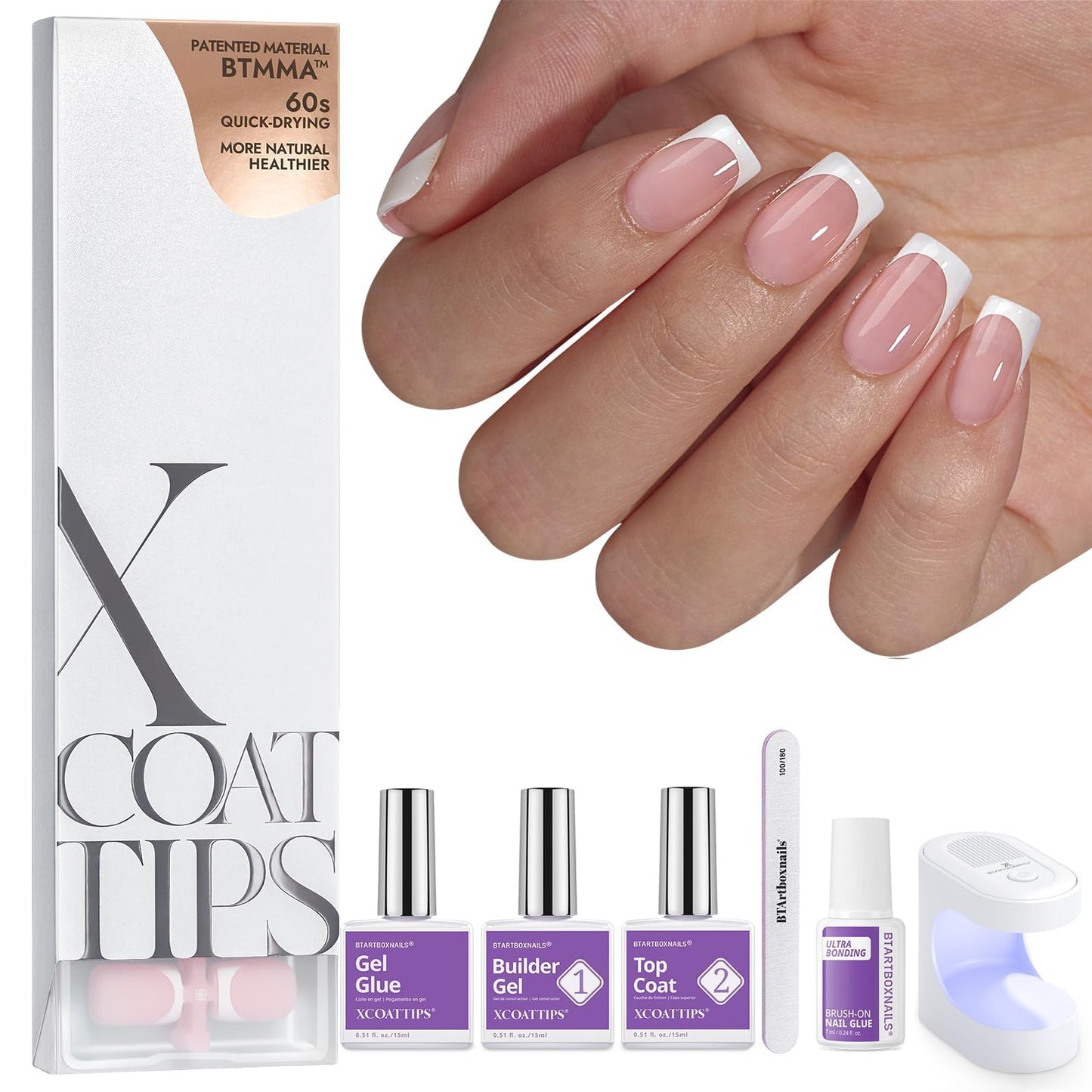 BTArtboxnails XCOATTIPS White French Tip Press On Nails Kit, S Square, Pink