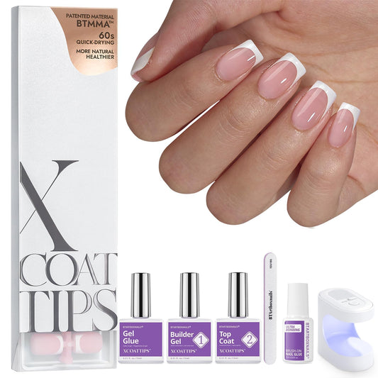 BTArtboxnails XCOATTIPS White French Tip Press On Nails Kit, S Square, Pink