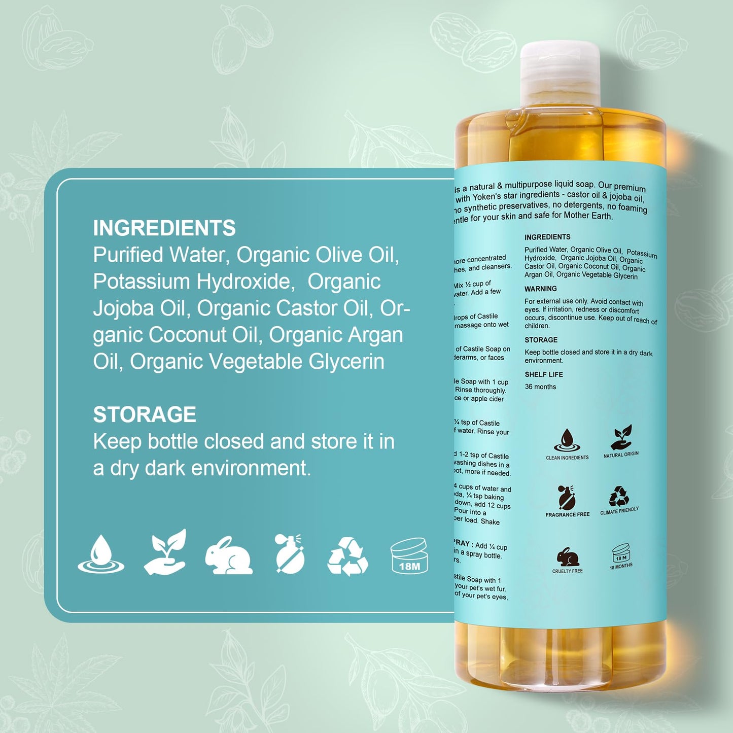 Yoken Pure Castile Soap Liquid Unscented 67 fl oz Castile Liquid Soap Made With Organic Oil, Clean & Gentle, No Palm Oil, Vegan, Natural Castille soaps for Face Body Hand Wash, Dishes Multi-purpose