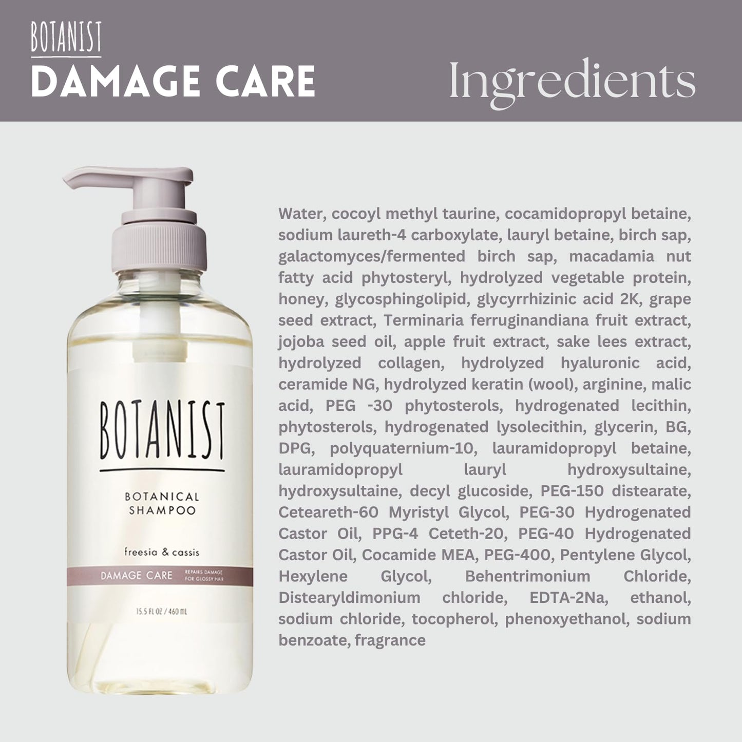 Botanist Sulfate Free Shampoo for Color Treated Hair, Organic Shampoo for Women & Men with Collagen, Ceramide, Keratin & Jojoba Seed Oil from Japan, Freesia & Cassis, DAMAGE CARE15.5 Fl Oz, 2EA