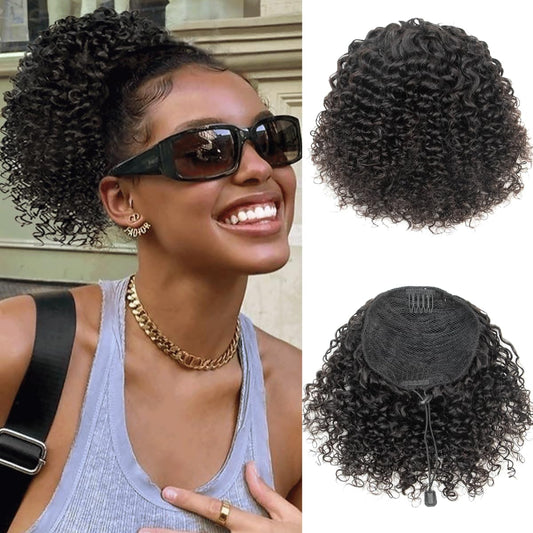SPIKFN Ponytail Extension Human Hair Curly Ponytail Extension for Black Women 8 Inch #1B Natural Black Short Afro Puffs Hair Buns Drawstring Ponytail Human Hair