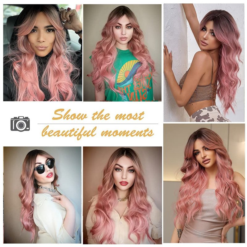 Esmee Long Wavy Pale Pink Wigs for Women Natuaral Synthetic Hair Heat Resistant Ombre Wig for Daily Party Cosplay Use