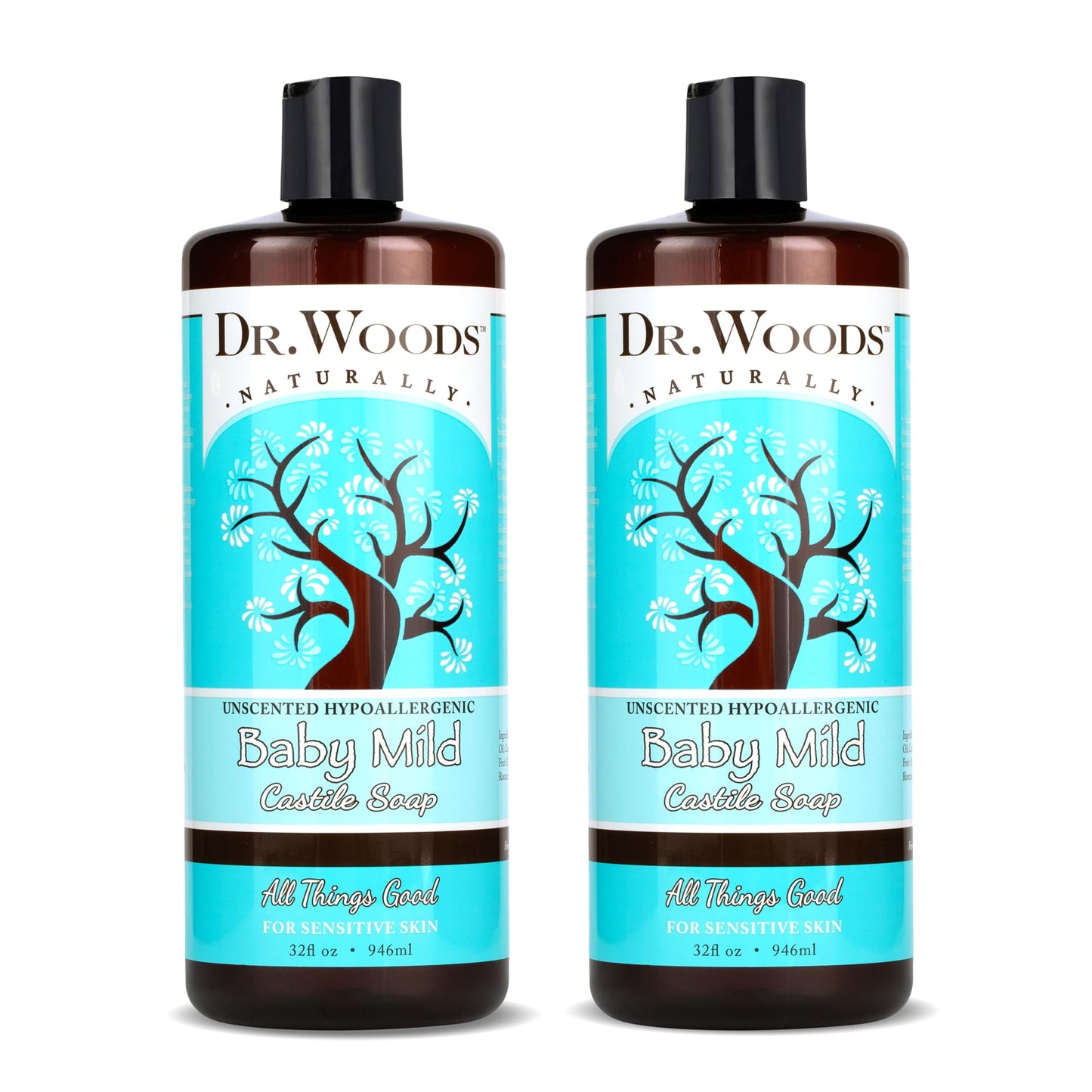 Dr. Woods Unscented Baby Mild Liquid Castile Soap - Natural Soap for Sensitive Skin, Gentle Cleanser with Hemp Oil and Vitamin E - Paraben, Sulfate, and Phthalate Free - 32 Fl Oz (Pack of 2)
