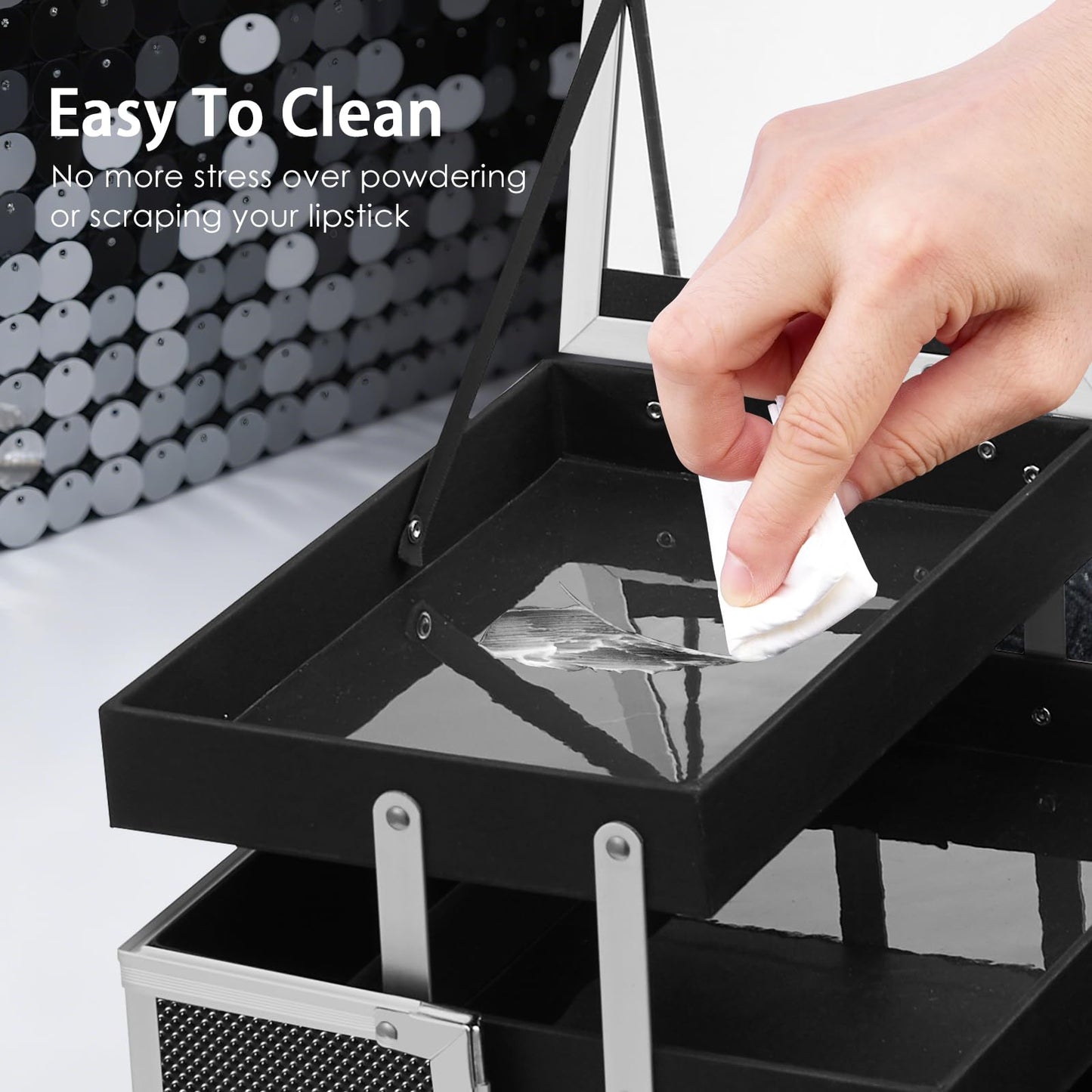 FRENESSA Makeup Case Organizer Cosmetic Box Storage Portable Makeup Train Case with Mirror 2 Trays Travel Vanity Box for Cosmetics Nail Kits Craft Tools Case Aluminum Hard Make Up Organizer Black