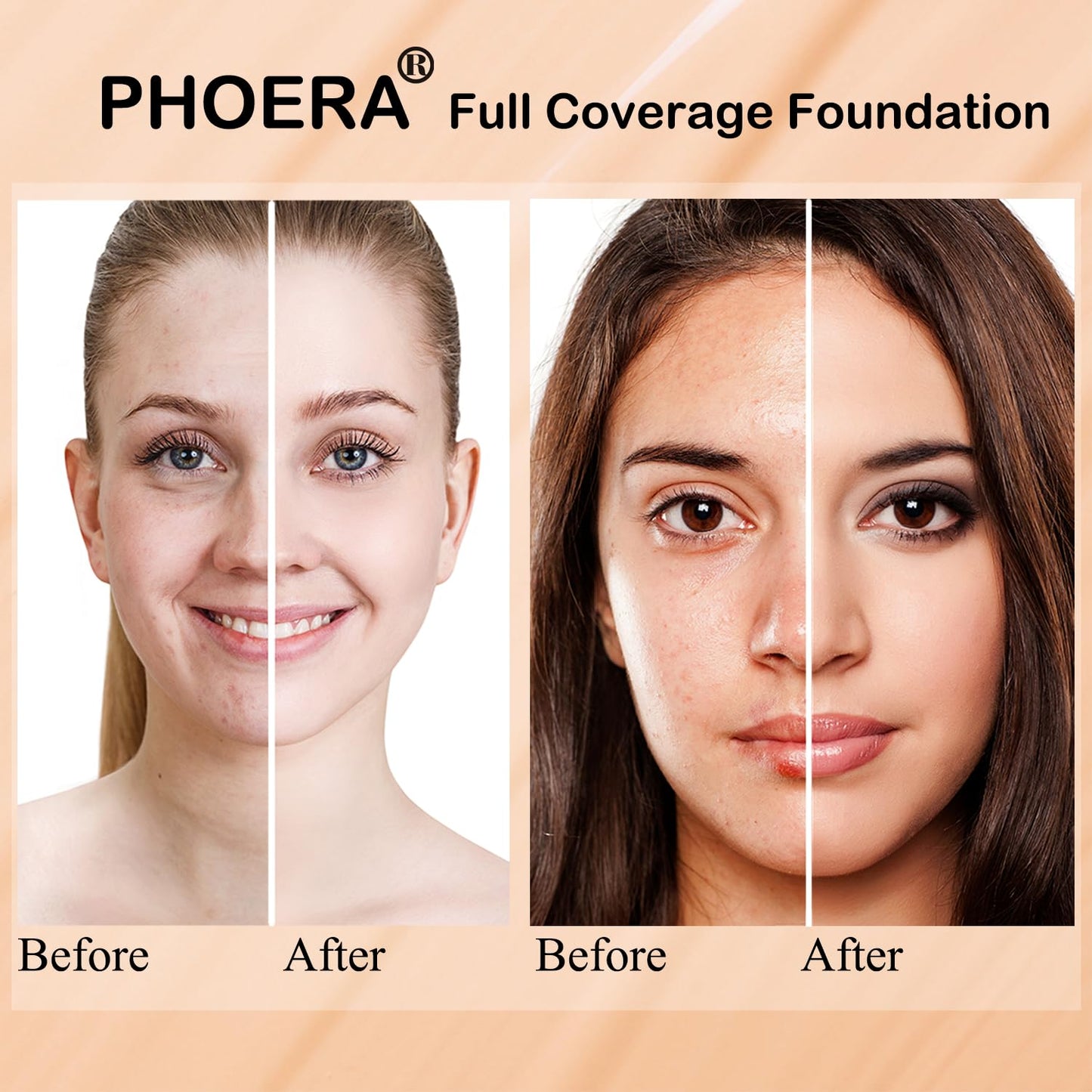 PHOERA Foundation - Full Coverage Makeup with 9D Mascara & Kabuki Brushes | Primer, Powder, Concealer Set