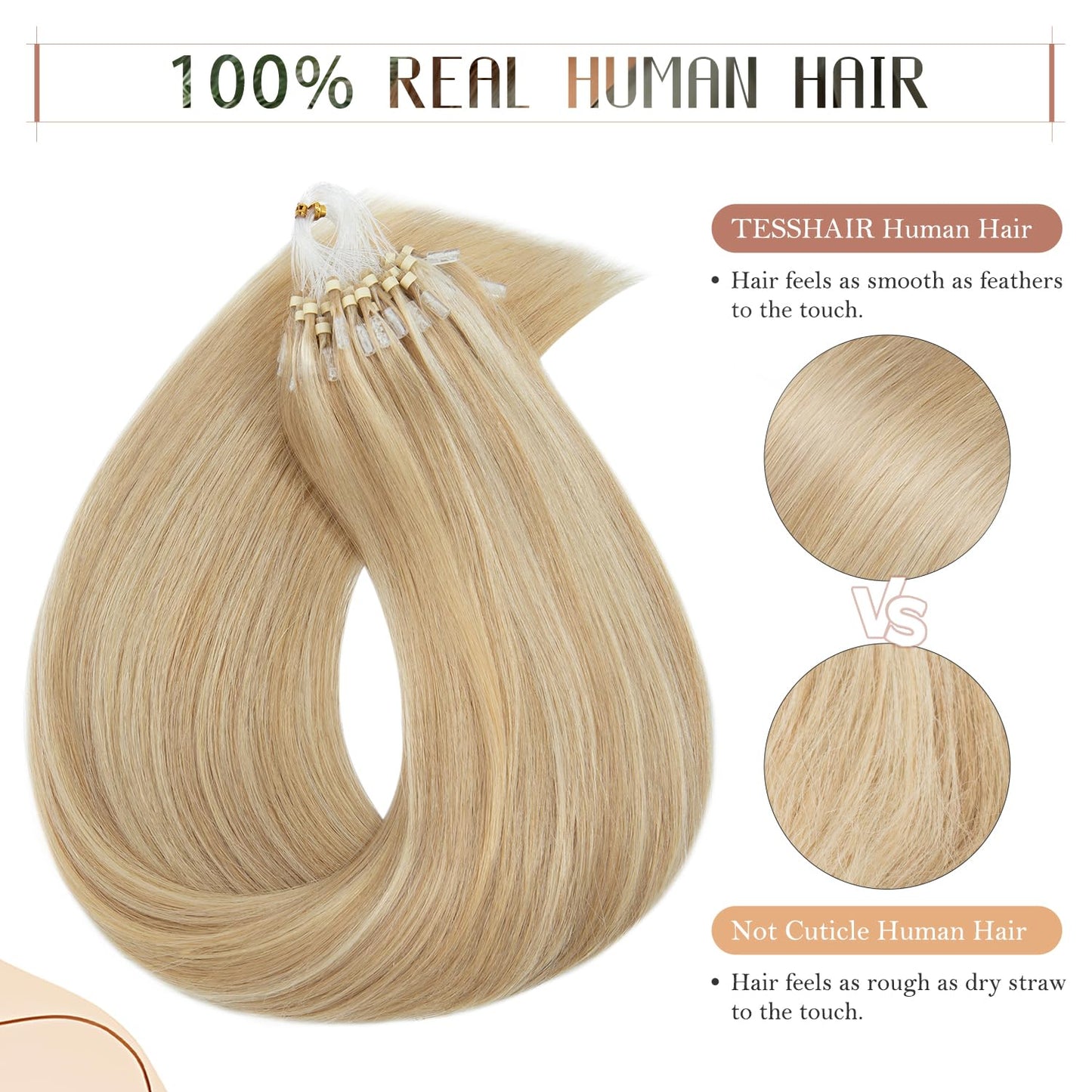 TESSHAIR Micro Loop Hair Extensions, 100% Remy Human Hair, Microlink Extensions, No Tangle & Smooth, 50 Strands 50g, 14 Inch #Bleach Blonde