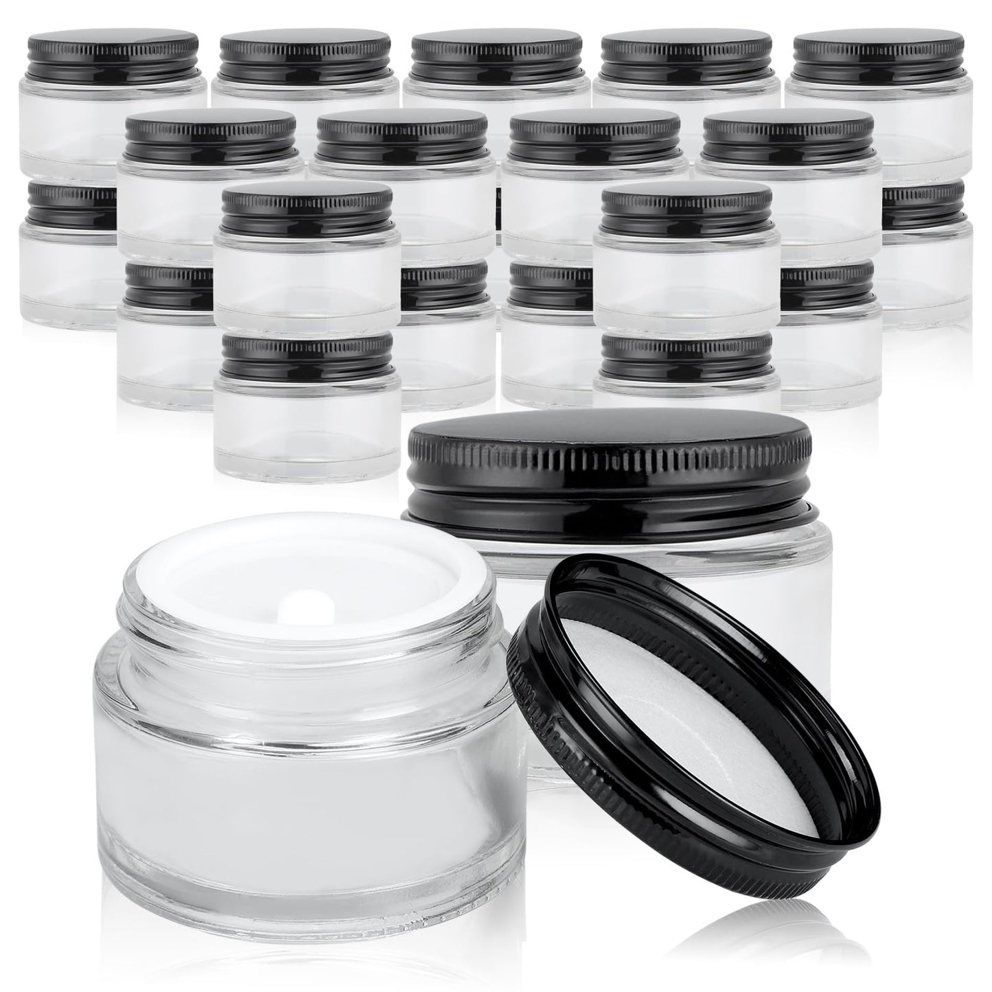 RAMFIYN 24 Pack 2oz Clear Glass Jars Small Glass Containers with Black Metal Lids Empty Cosmetic Jars with Inner Liners and Lids Clear Glass Lotion Jars with Labels for Traveling
