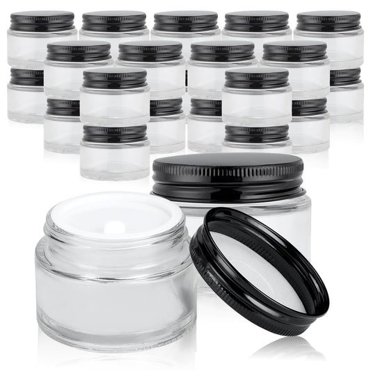 RAMFIYN 24 Pack 2oz Clear Glass Jars Small Glass Containers with Black Metal Lids Empty Cosmetic Jars with Inner Liners and Lids Clear Glass Lotion Jars with Labels for Traveling