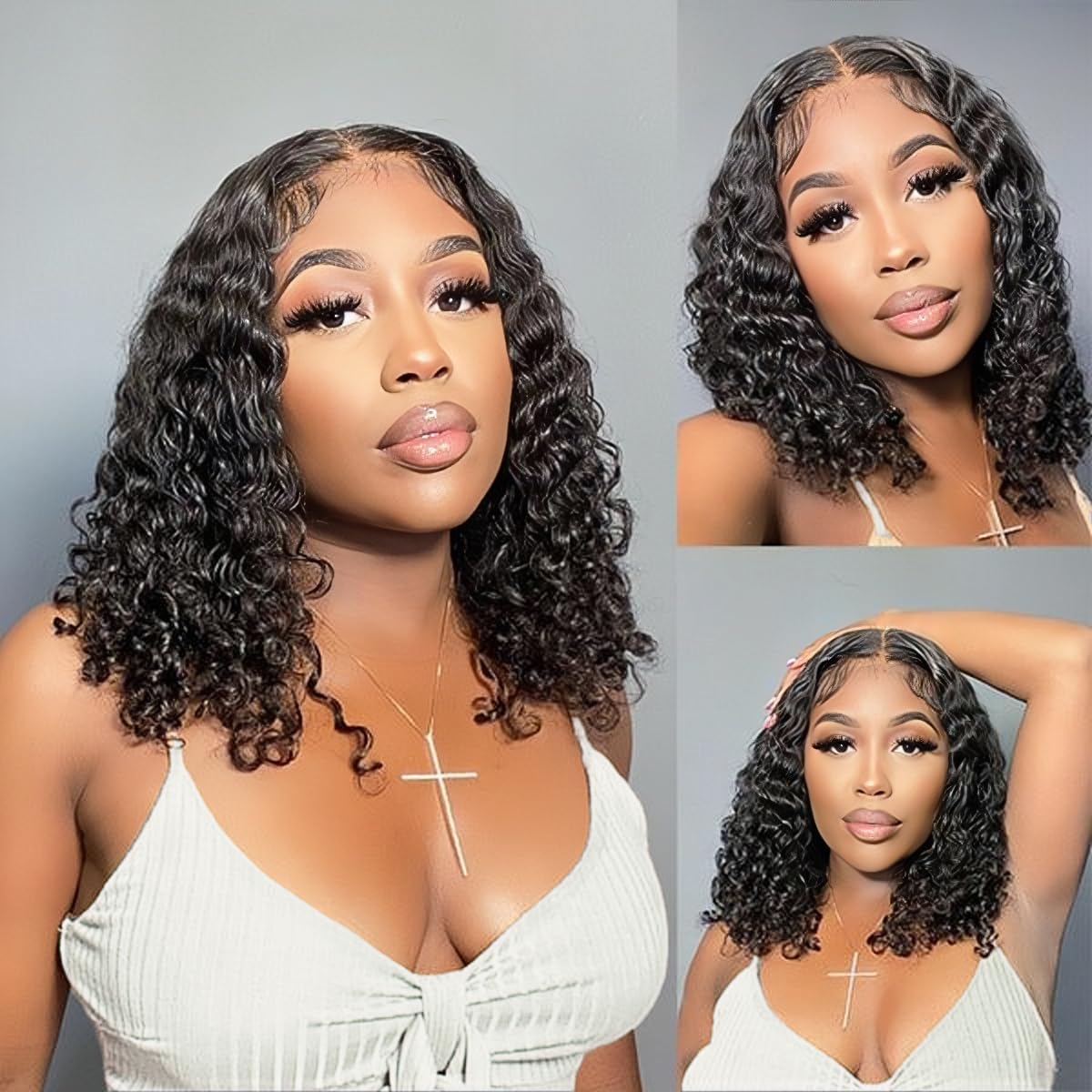 Maytune Wear and Go Glueless Wigs Human Hair Pre Plucked Pre Cut Deep Wave Bob Wigs for Black Women 4x4 Glueless Lace Closure Human Hair Curly Bob Wigs 10 Inch