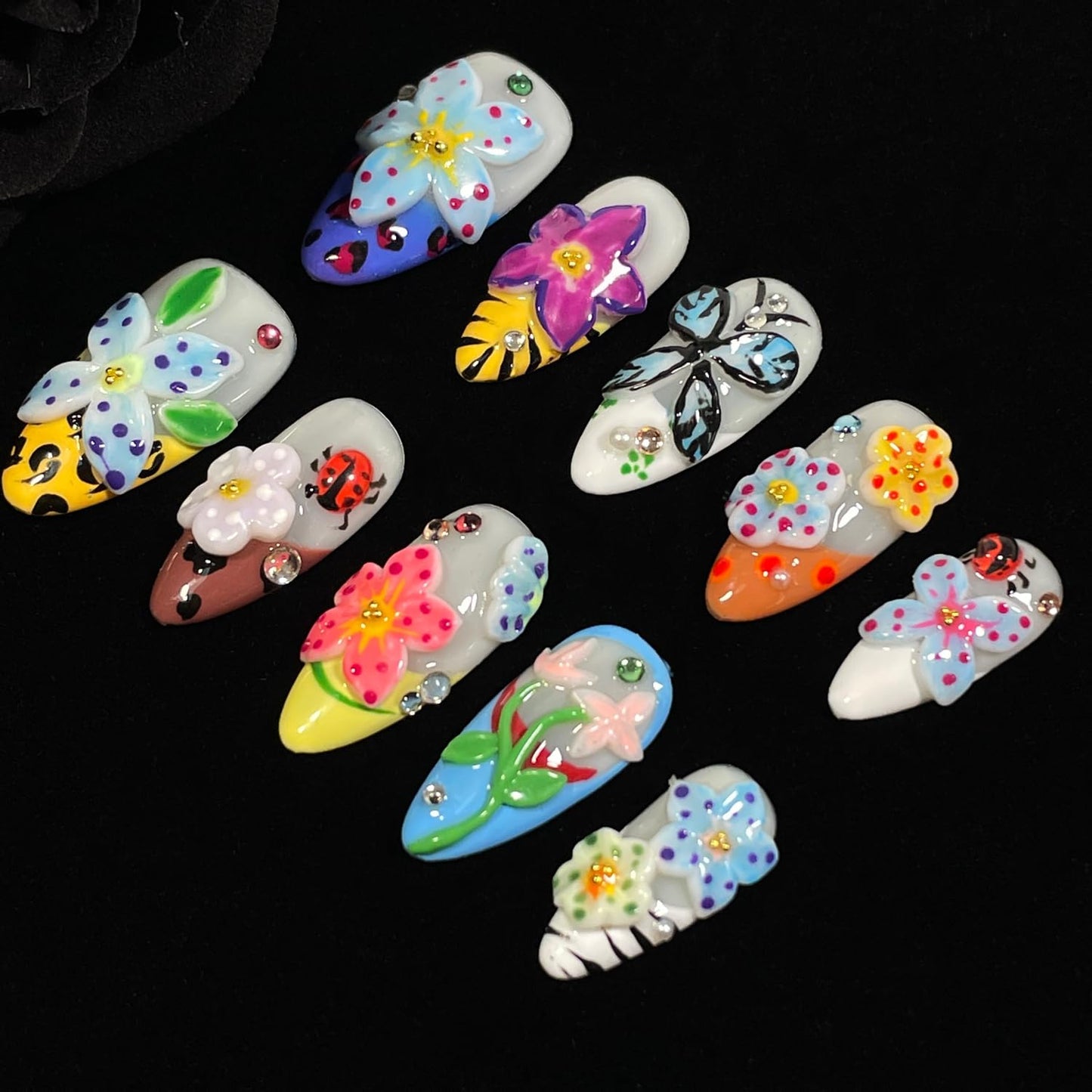 Handmade Press On Nails 3D Floral & Butterfly with Red Ladybug Fake Nails Medium Almond Acrylic Nail Tips Luxury Enchanted Garden Stick on False Nails Dreamy Nails (Garden, M)