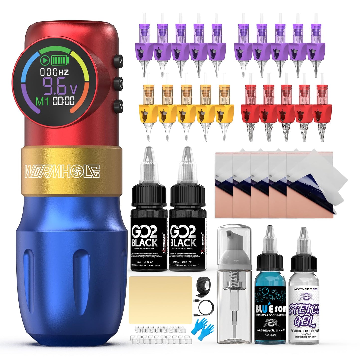 Tattoo Gun Kit, Wormhole Tattoo Kit Wireless Tattoo Machine Kit with 1,500 mAh Capacity Wireless Power Supply Digital LED Display Tattoo Pen Kit WTK257