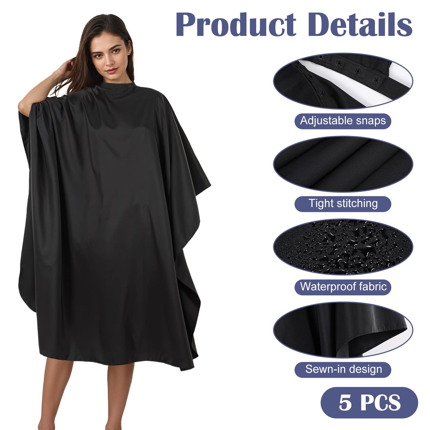 5 Pcs Black Hair Salon Capes,55 X 47 Inches Professional Waterproof Salon Barber Cape with Adjustable Snaps,Hairdressing Styling Nylon Hair Cutting Cape for Haircutting Dyeing Styling