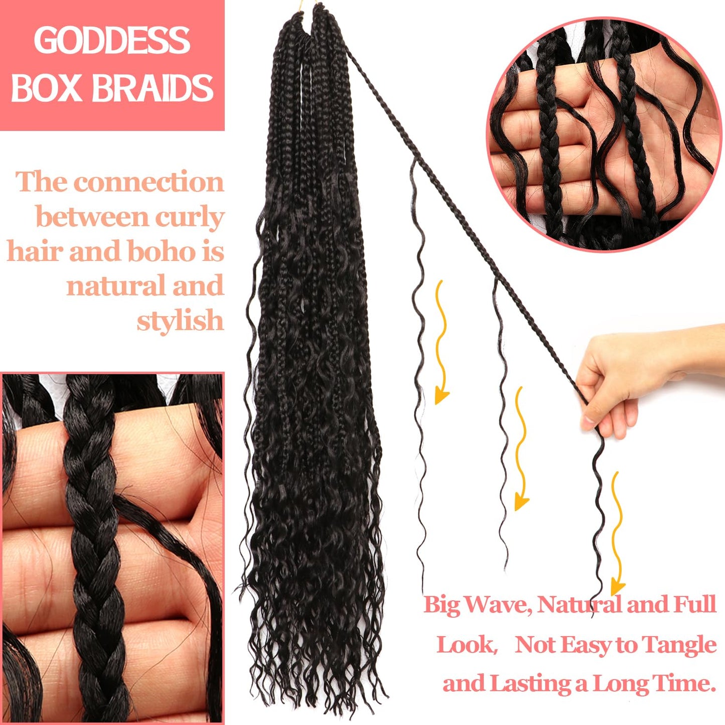 Box Braids Crochet Hair - 30 Inch Water Wave Boho Braids for Black Women | 9 Packs, 1B Color