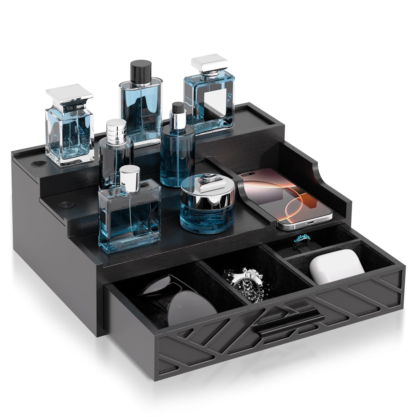 Cologne Organizer for Men, 3 Tier Perfume Stand With Drawer Hidden Compartment and Lining, Wood Display Holder for Watch Jewelry, Black, Great Gifts for Christmas