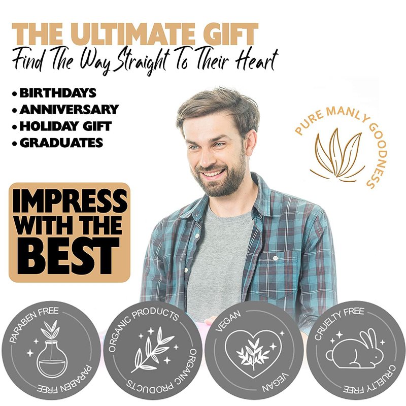 Pure Mens Bath and Body Gift Set. 7 Pc Natural Spa Gift Basket for Men. Spa Gift Set is #1 Ideal Gift for Men That Care about themselves!