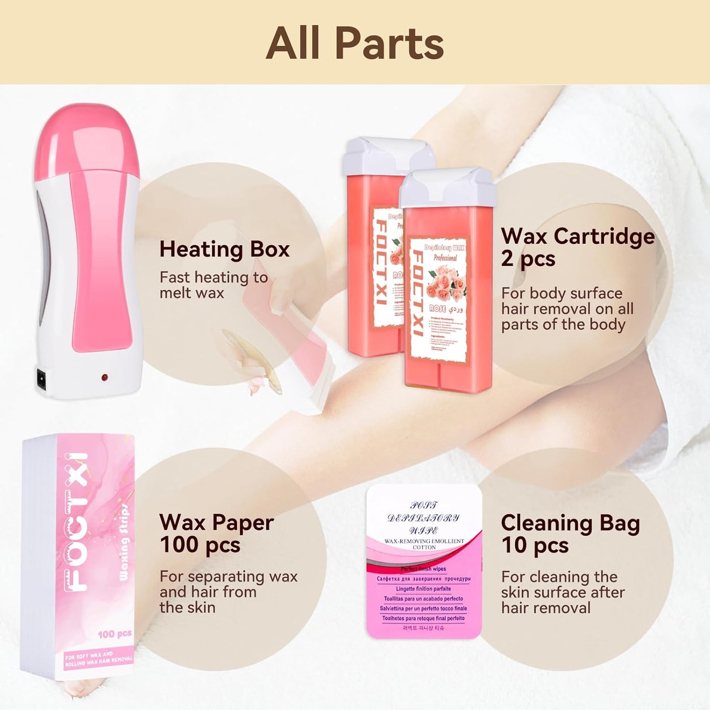 Hair Removal Kit - At-Home Waxing Set for Men & Women | 2 Rose Soft Wax Cartridges & 100 Non-Woven Strips - Pink