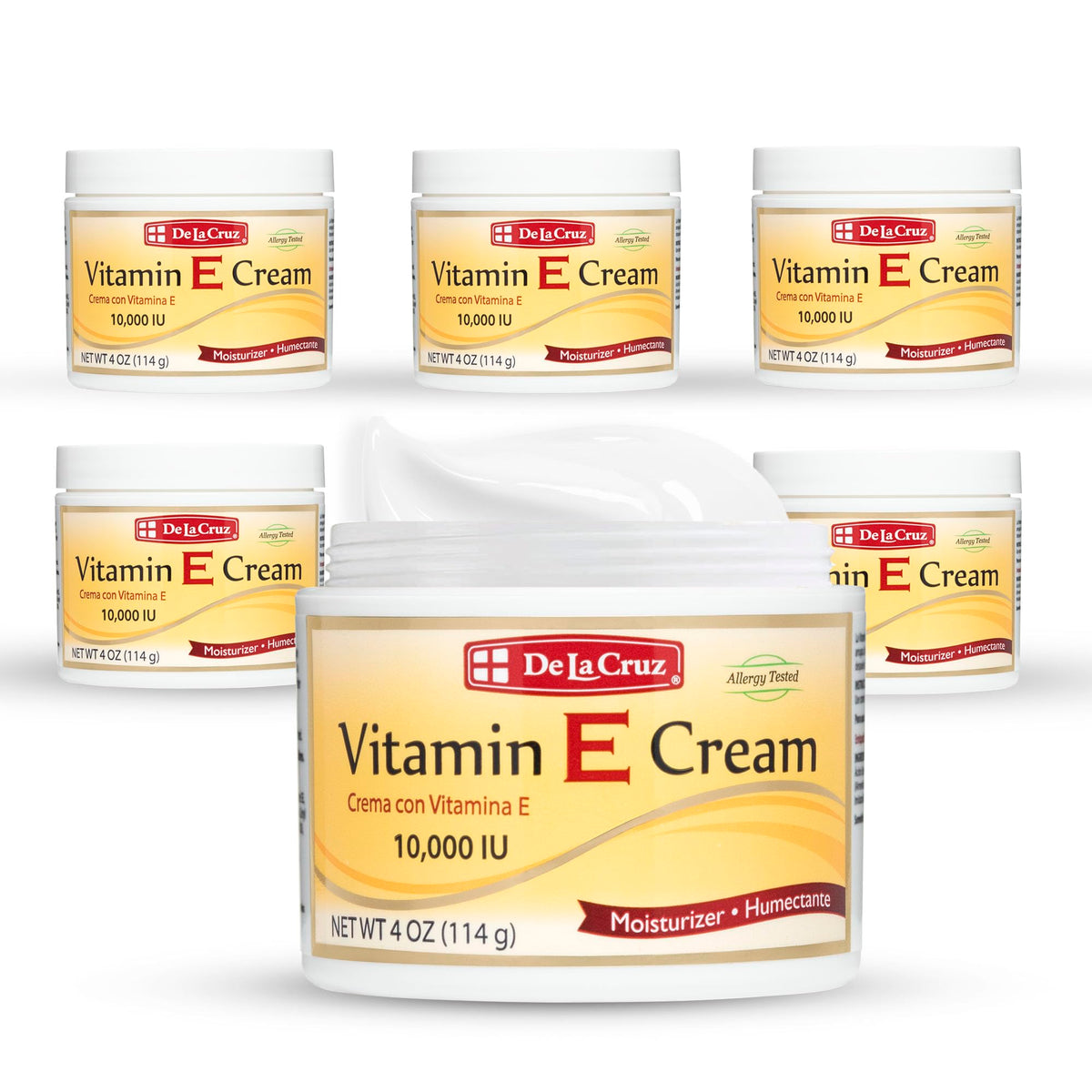 De La Cruz Vitamin E Cream Moisturizer for Face and Neck, 10,000 IU - Moisturizing Skin Care for All Skin Types - Made in USA - 4 OZ. (6 Pack)