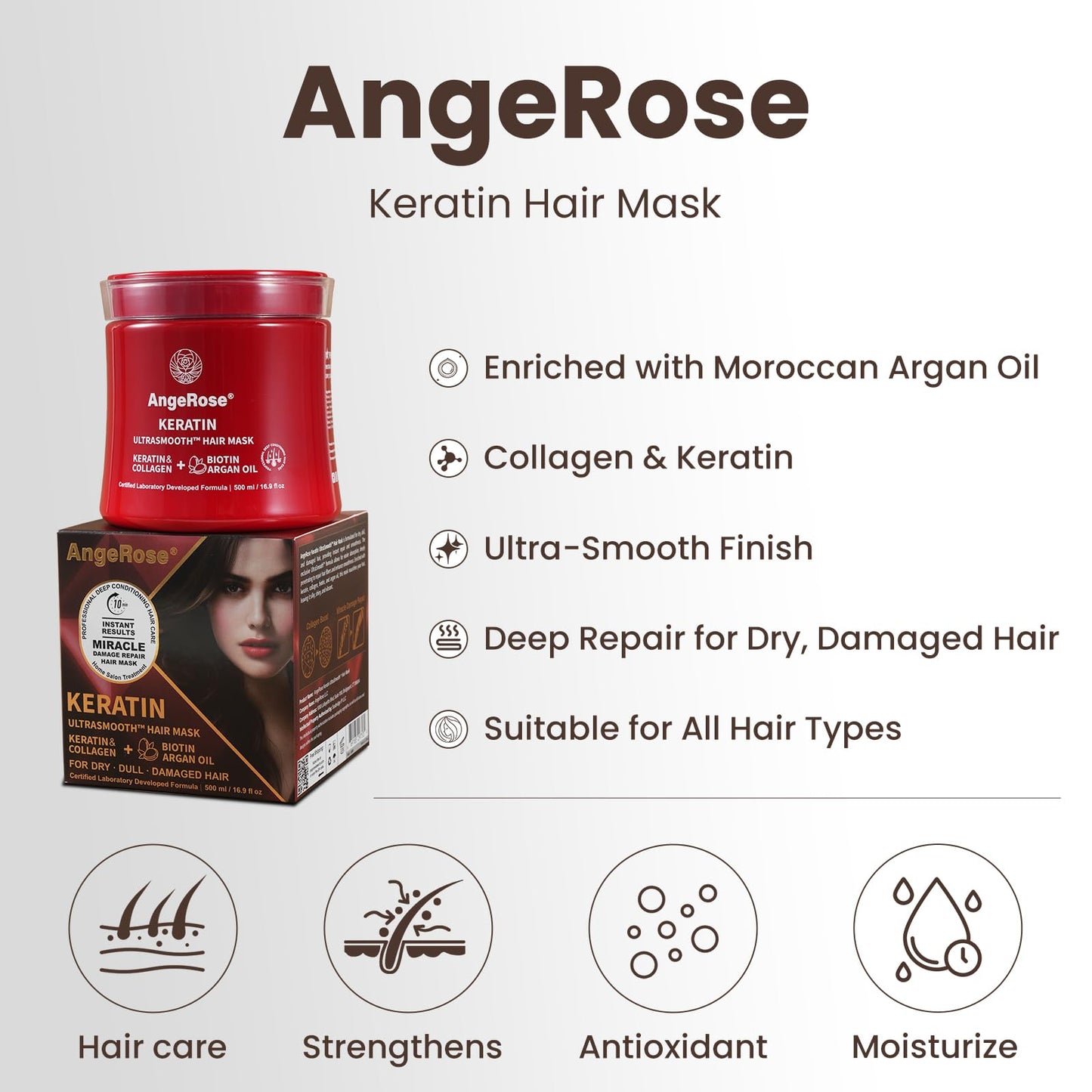 AngeRose Keratin Hair Mask with Collagen & Argan Oil – Deep Conditioner Treatment for Dry Damaged Hair Repair – Hydrating & Strengthening Cream for Color Treated 16.9 Oz (500ml)