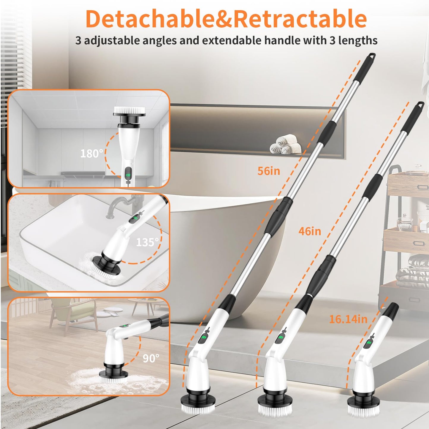 11 in 1 Electric Spin Scrubber Cordless Cleaning Brush 3 Adjustable Angles 2 Adjustable Speeds LED Display Shower Cleaner Brush Supplies Extension Long Handle for Bathroom Floor Tile Toilet Waterproof