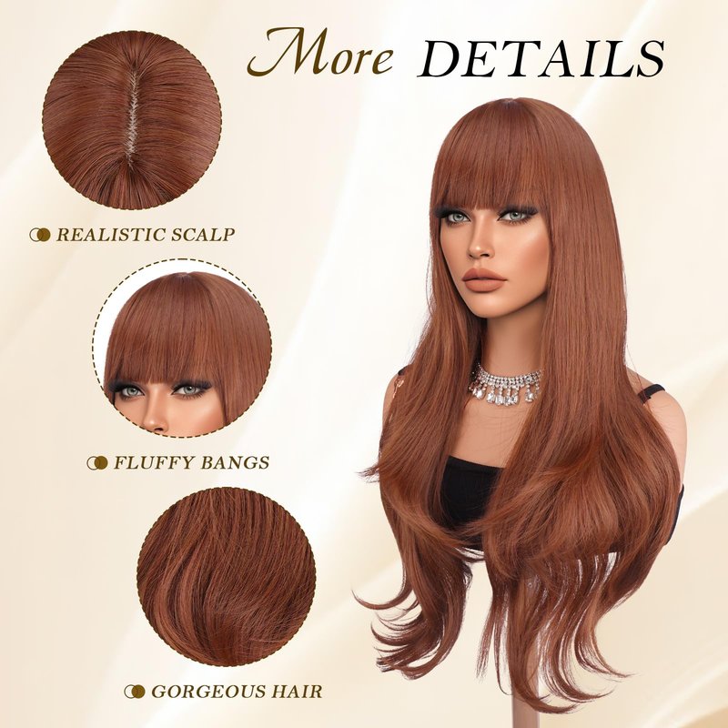 Haloo Auburn Wigs with Bangs - Long Layered Natural Looking Synthetic Heat Resistant Wavy Hair Wigs for Women Daily Party, 26 Inch