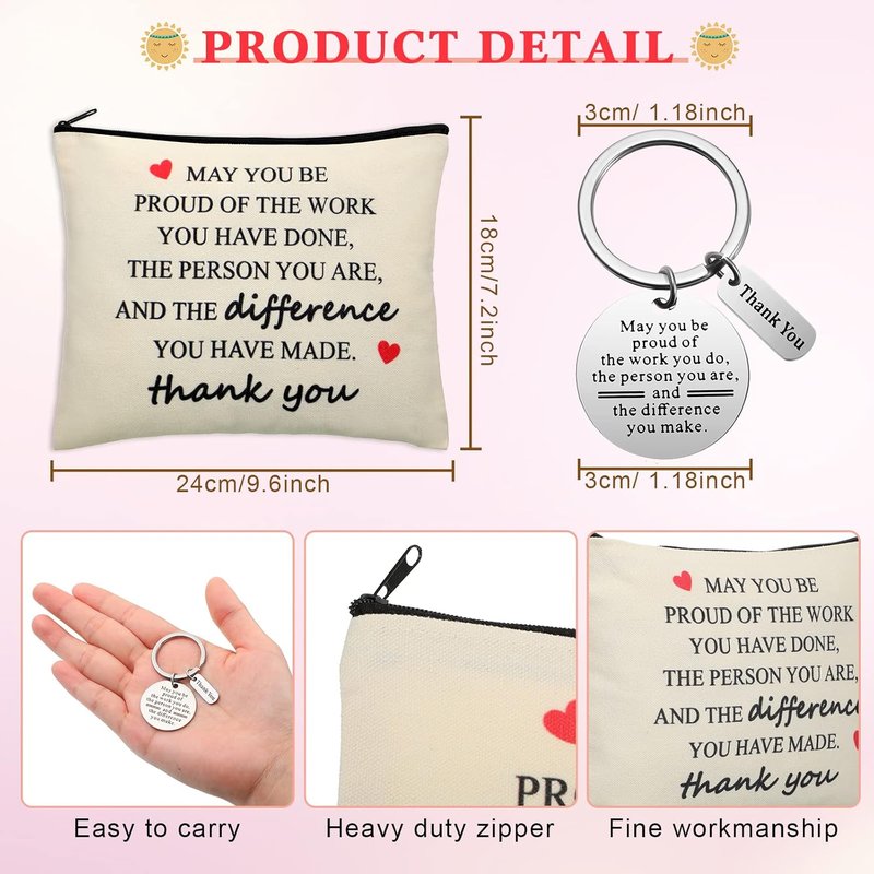 Employee Appreciation Gifts - 16 Pcs Inspirational Makeup Bags & Keychains for Nurses, Teachers, & Coworkers | Canvas Cosmetic Bags