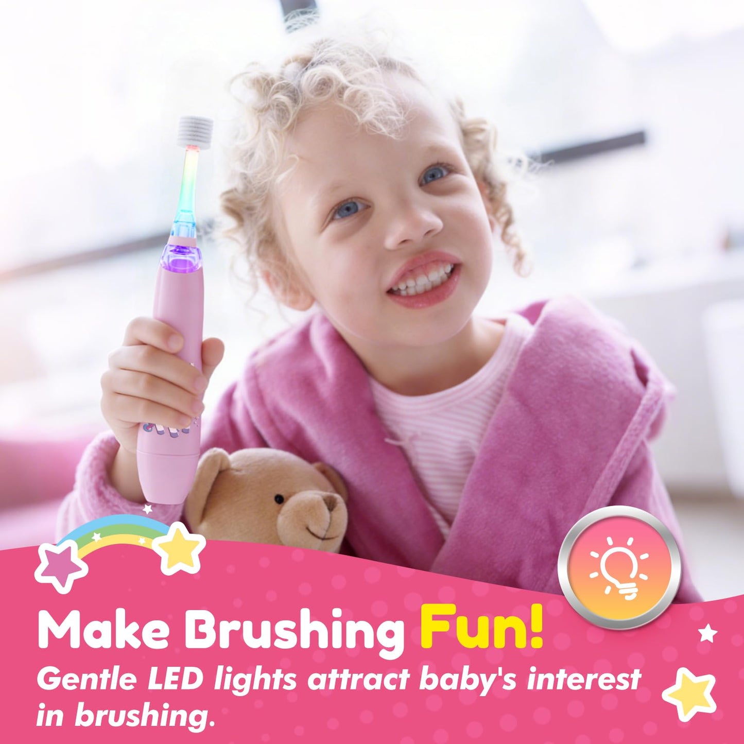 ReDISEN Electric Toothbrush for Kids Toddler 1-5 Years, Unicorn Toothbrush with LED Light, 360° Sonic Baby Toothbrush, 2 Min Timer, Gentle Vibration, Pink Unicorn Design for Girls