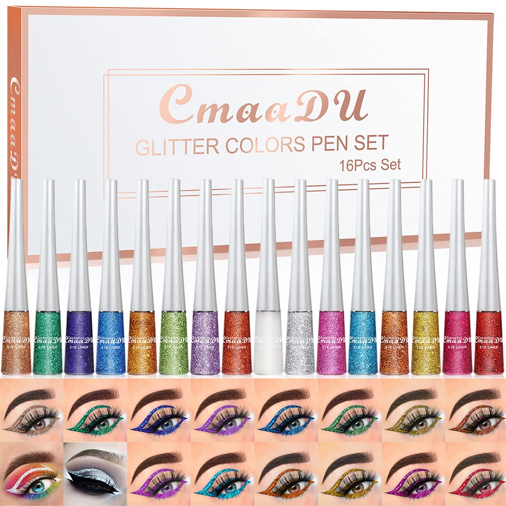 BONNIE CHOICE 16 Colors Glitter Eyeliner Liquid Set, Metallic Glitter Liquid Eyeshadow, Waterproof Long Lasting White Silver Rose Gold Pink Colorful Rainbow Eyeliners Gifts Mother's Day for Women