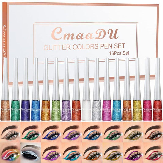 BONNIE CHOICE 16 Colors Glitter Eyeliner Liquid Set, Metallic Glitter Liquid Eyeshadow, Waterproof Long Lasting White Silver Rose Gold Pink Colorful Rainbow Eyeliners Gifts Mother's Day for Women