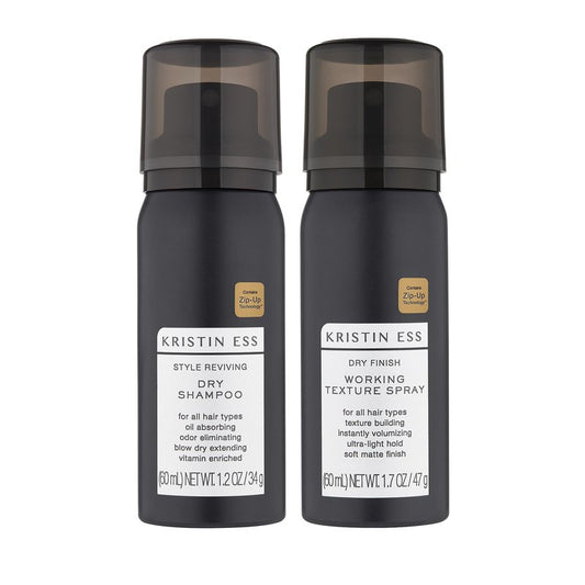 Kristin Ess Hair Travel Dry Styling Set - Vitamin C Dry Shampoo Powder Spray + Light Hold Texturizing Spray - Volumizing + Oil Absorbing + Shine Enhancing for Dark, Brunet