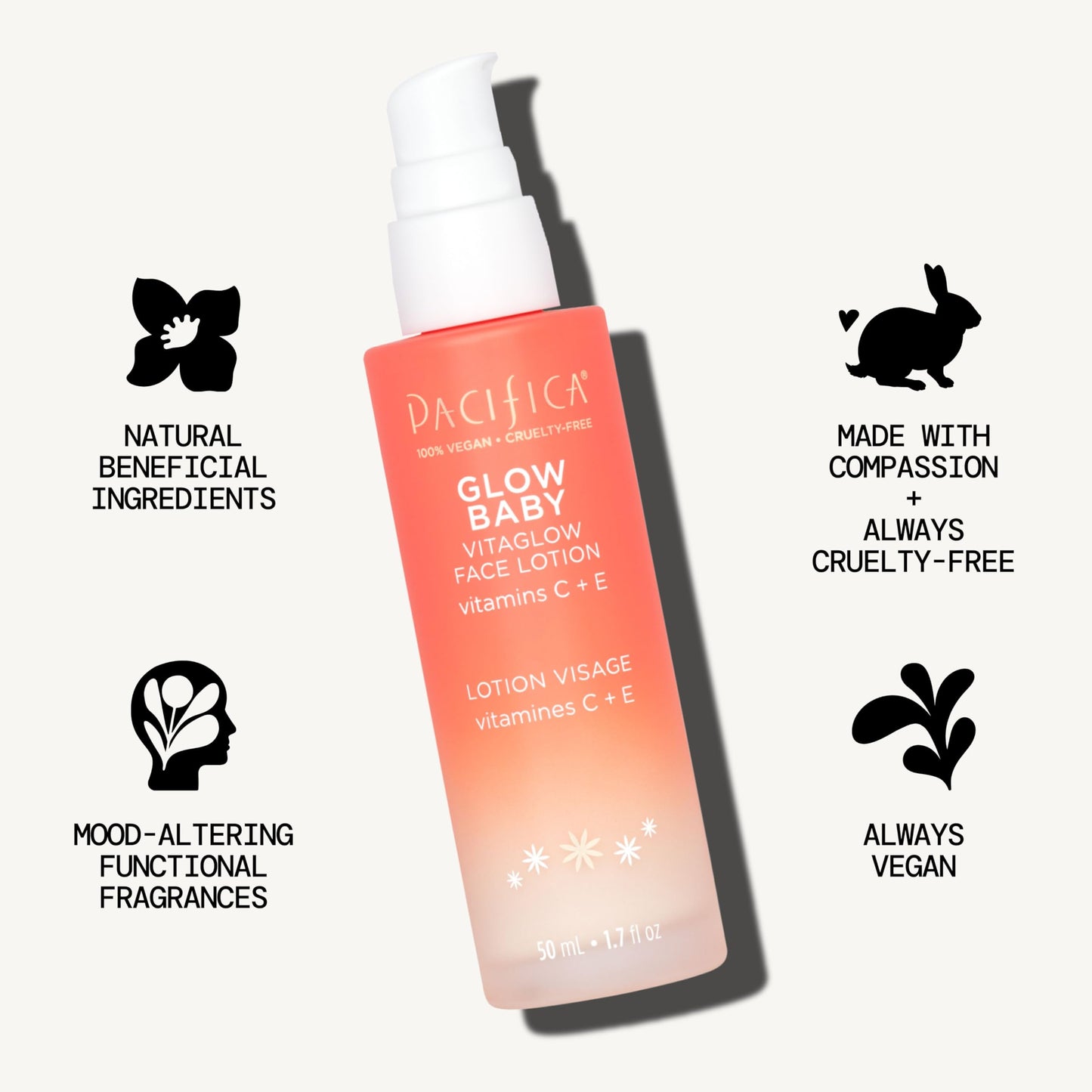 Pacifica Vitamin C Face Lotion Glow Baby VitaGlow Face Moisturizer Glow Recipe, Vitamin E, Antioxidants, Dermatologist Tested 1.7 oz