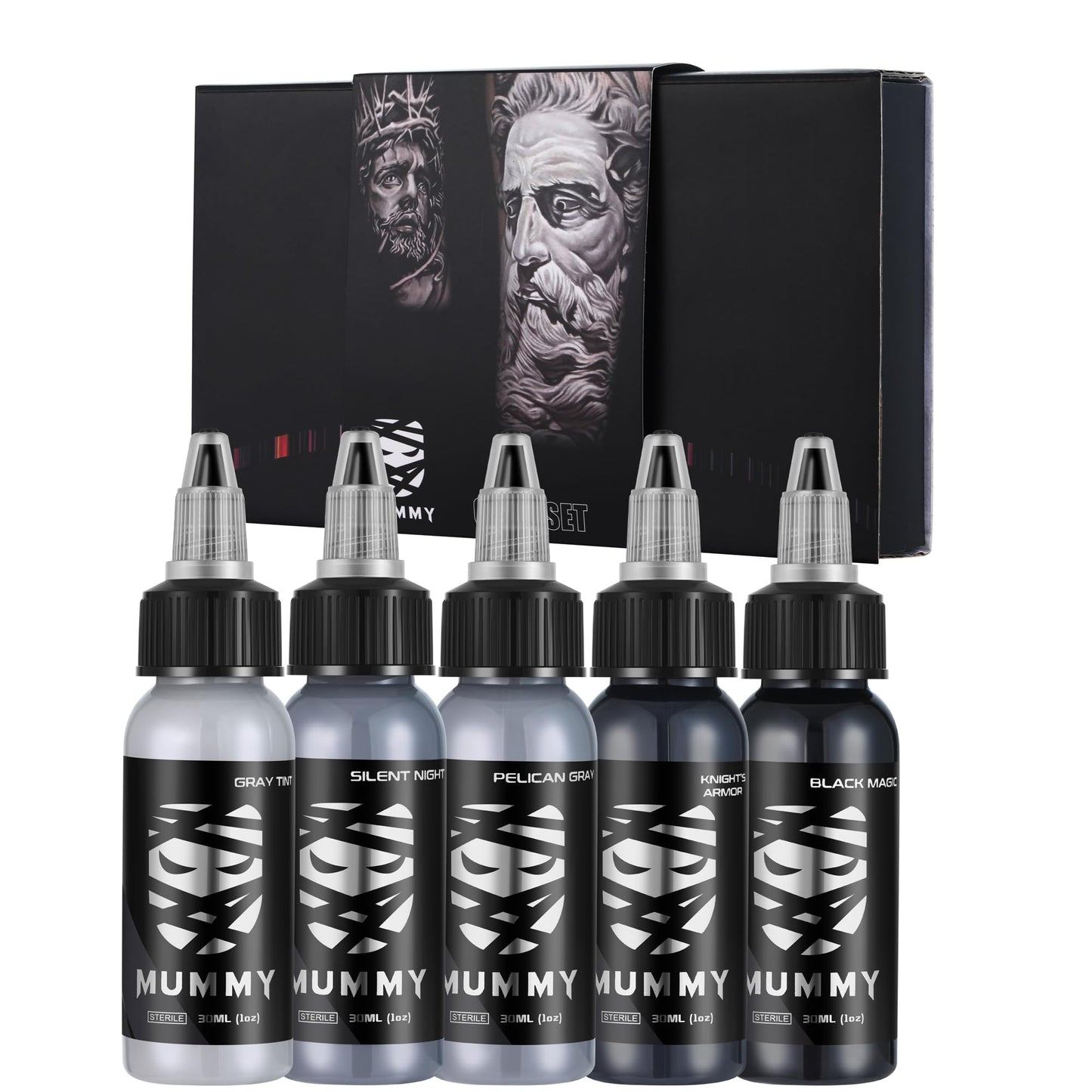 Mummy USA Custom Tattoo Ink Color Gray Set Evenly Long Lasting Vibrant and Bright, No Irritation Set 1 oz Bottles