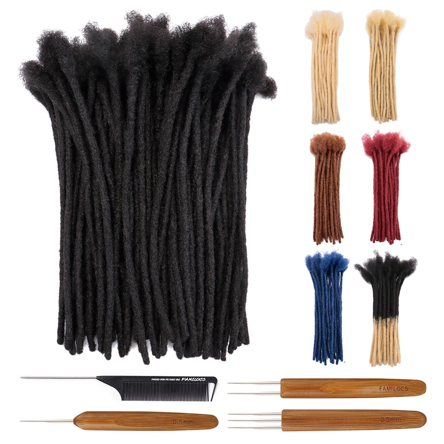 FAMILOCS Dreadlock Extensions Human Hair 12 Inch 0.6cm Width 10 Strands Loc Extensions for Man/Women Handmade Permanent Soft Locs with Needle and Clips