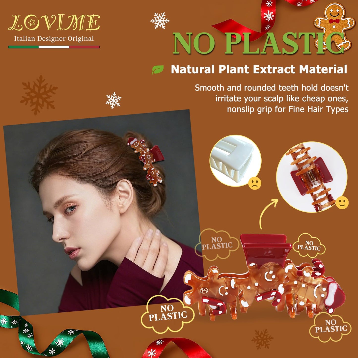 LOVIME Large Hair Clips for Women Premium, Cute Gingerbread Claw Clips for Thick Thin Long Hair Girls, No Slip Hair Clip 4 Inch, Hair Accessories For Mothers Day Gifts for Mom with Gift Box