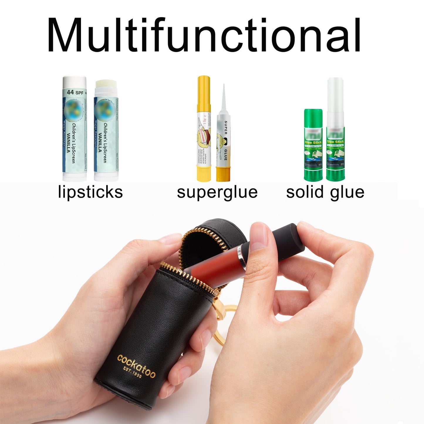 Cockatoo Nappa Leaeher Zipper Lipstick Case with Keychain Chapstick Holder Keyring (LEMON BUTTER)
