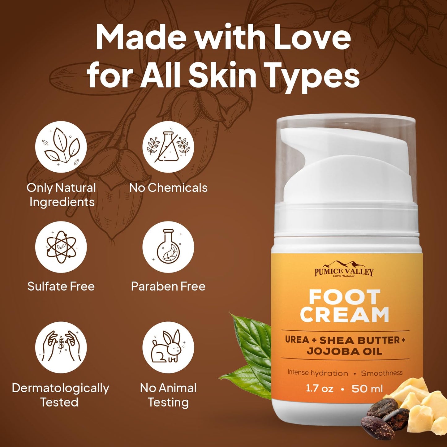Pumice Valley Urea Foot Cream for Dry Cracked Heels and Feet - Foot Moisturizer & Heel Cream for Calluses and Rough Skin - Shea Butter, Jojoba Oil, Vitamin E - 1.7 oz