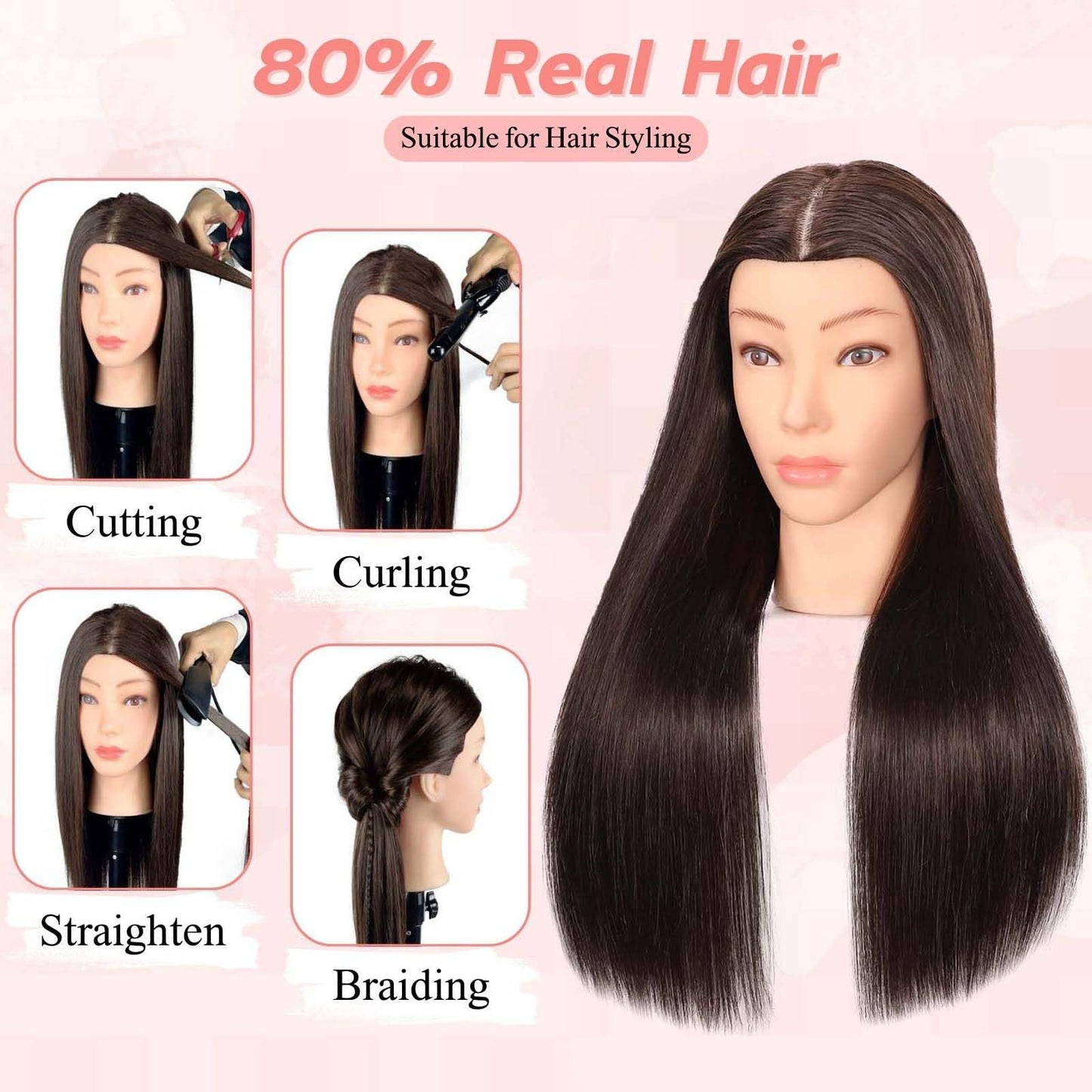 MQHIHI Mannequin Head Human Hair, 80% Real Hair Cosmetology Manikin Head for Practice Braiding Hairstyling Cutting with Free Clamp Holder and Tools (Dark Brown)