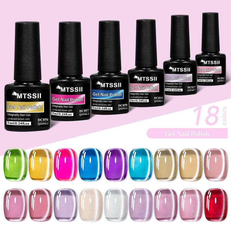 MTSSII Jelly Cat Eye Gel Nail Polish Set 18PCS, Neon Moonlight Glass Crystal Magnetic Gel Polish Pink Purple Red Blue Yellow Colors Nail Polish with Magnet Soak Off UV Art Gift for Women Girls