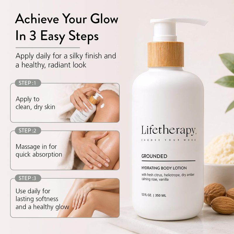 Lifetherapy Body Lotion for Dry & Sensitive Skin, Hydrating Lightweight Non-Greasy Moisturizer, Vegan Gluten Free Clean Beauty, Grounded Fragrance, Daily Use for Women & Men 12oz
