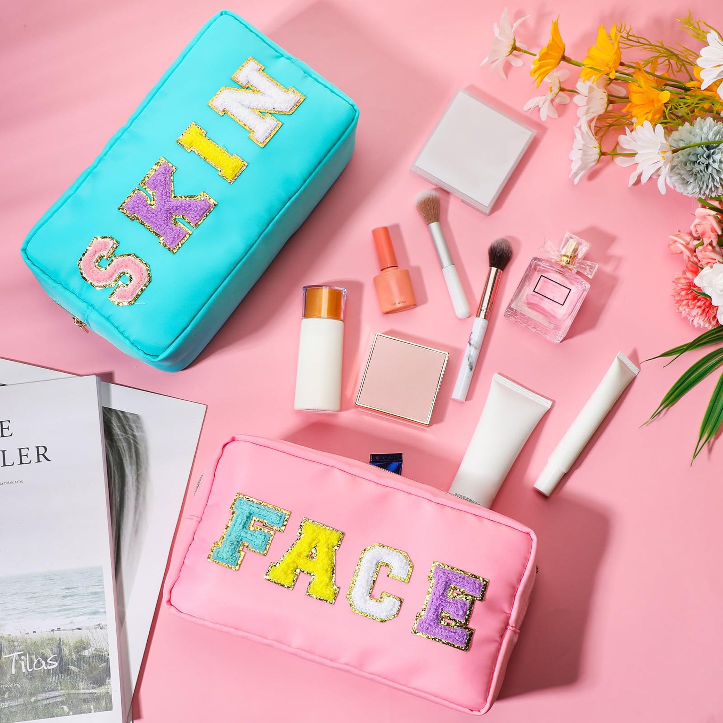 Remerry 4 Pcs Makeup Bag Travel Cosmetic Bag Organization Chenille Letter Toiletries Stuff Pouch Preppy Waterproof Gift for Women Girl Teen (Colorful,Face Skin Hair Stuff)