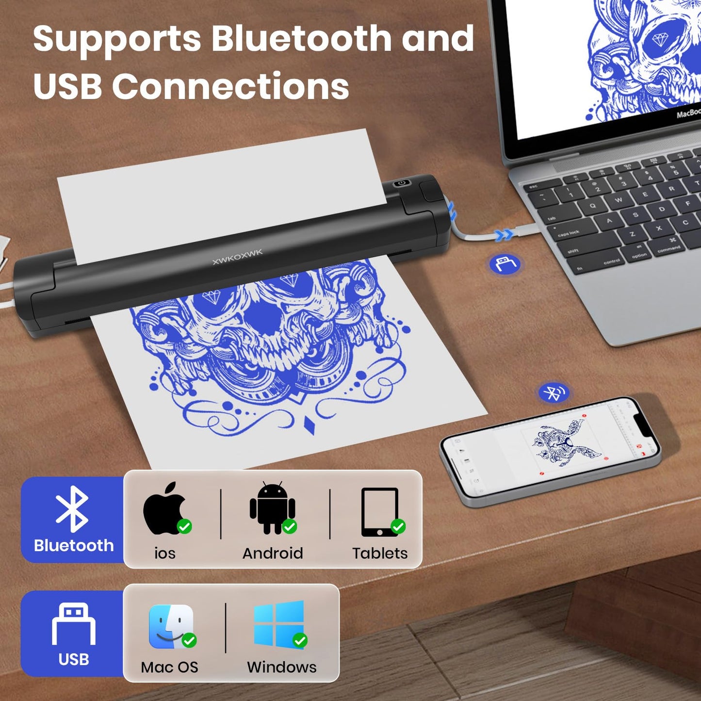 XWKOXWK Tattoo Stencil Printer with 3 pcs Transfer Paper and Thermal Paper,Tattoo Machine for Beginners&Artists,Portable Bluetooth Wireless Inkless Printer Compatible with Phone/Pc (T18)