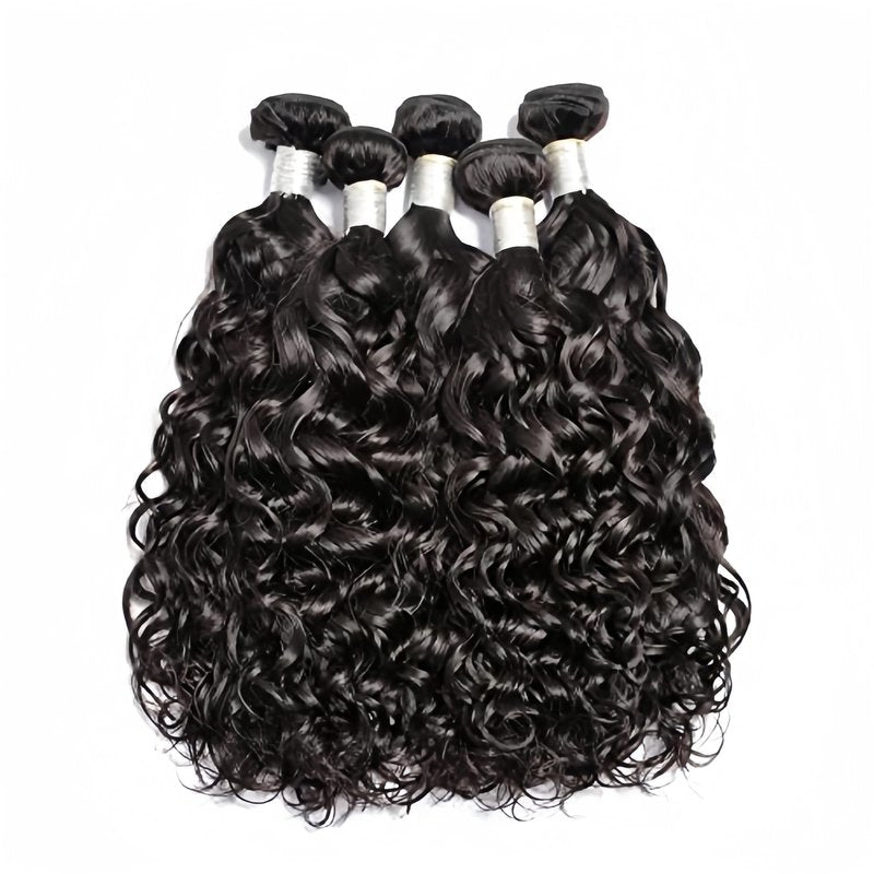 Czrleaty Human Hair Bundles with Closure, Water Wave Bundles with Closure Short Curly Wet and Wavy Bundles Human Hair with Closure (8/8/8/8/8+8)
