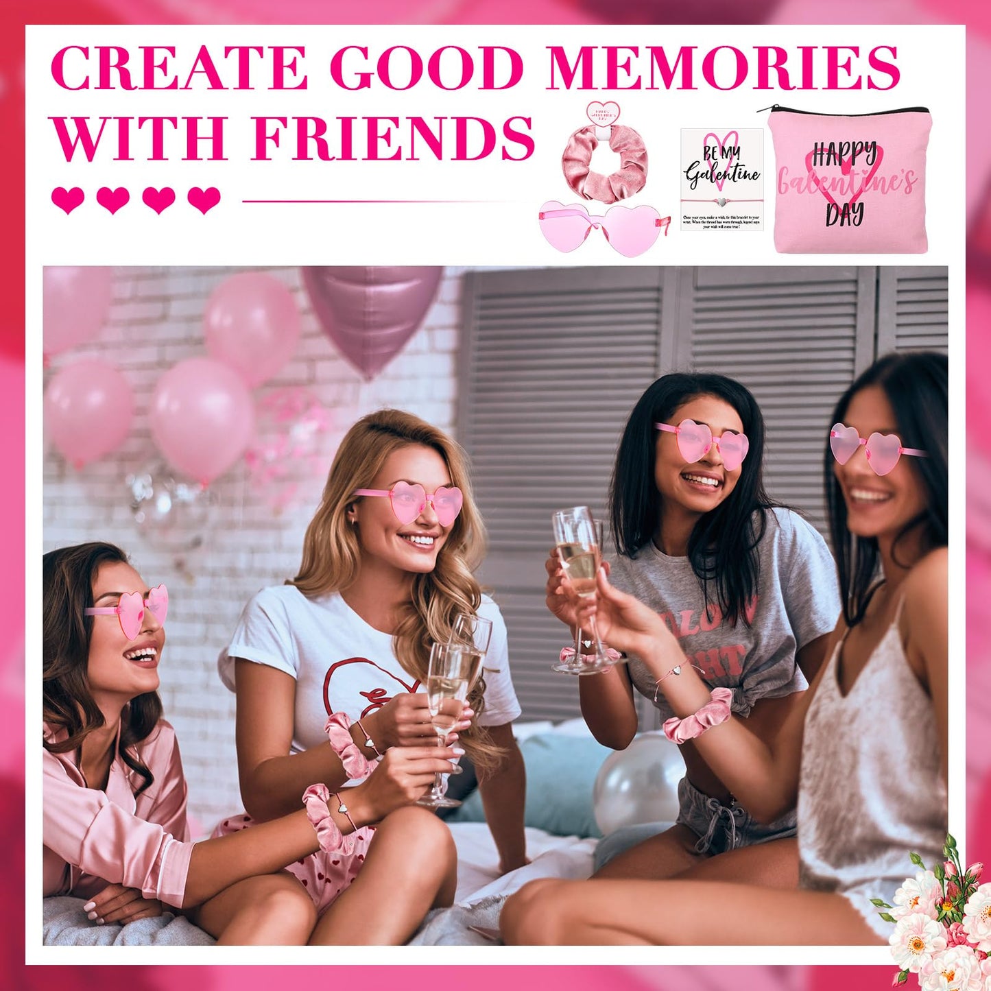 Landical 12 Set Galentine's Day Gift Set Include Makeup Bags Greeting Cards Velvet Hair Scrunchies Bracelets Sunglasses Gifts for Women