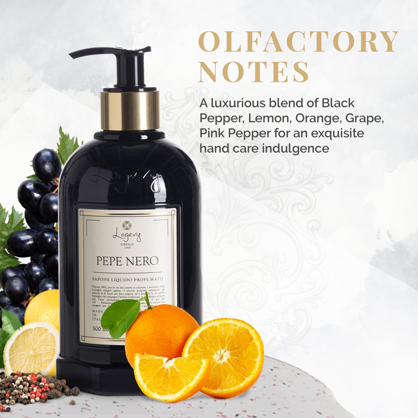 Logevy Pepe Nero Liquid Hand Soap – Mood Boosting Fragrance Made from the Best Skin-Friendly Ingredients Rich in Nutritional Properties for Hydrating and Soothing Action – 500ml