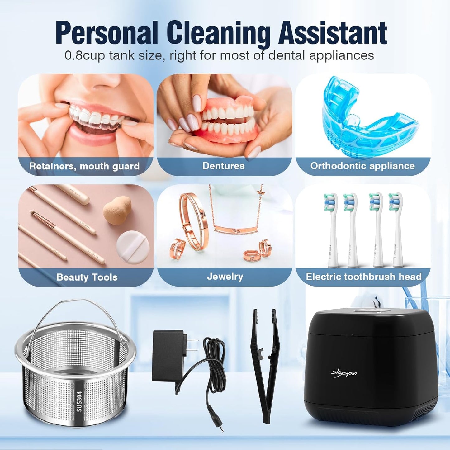 Ultrasonic Retainer Cleaner - 45KHz Dental Appliance & Jewelry Cleaner | 2 Modes, Quiet Operation, 6.8oz Black