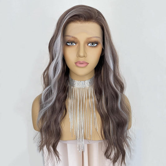 CIMITIKI Ash Brown Wigs Highlight Platinum Hair Mixed Honey Blonde 13x4 Lace Front Wig Ombre Silver Loose Wavy Synthetic 20Inch Pre Plucked for Women
