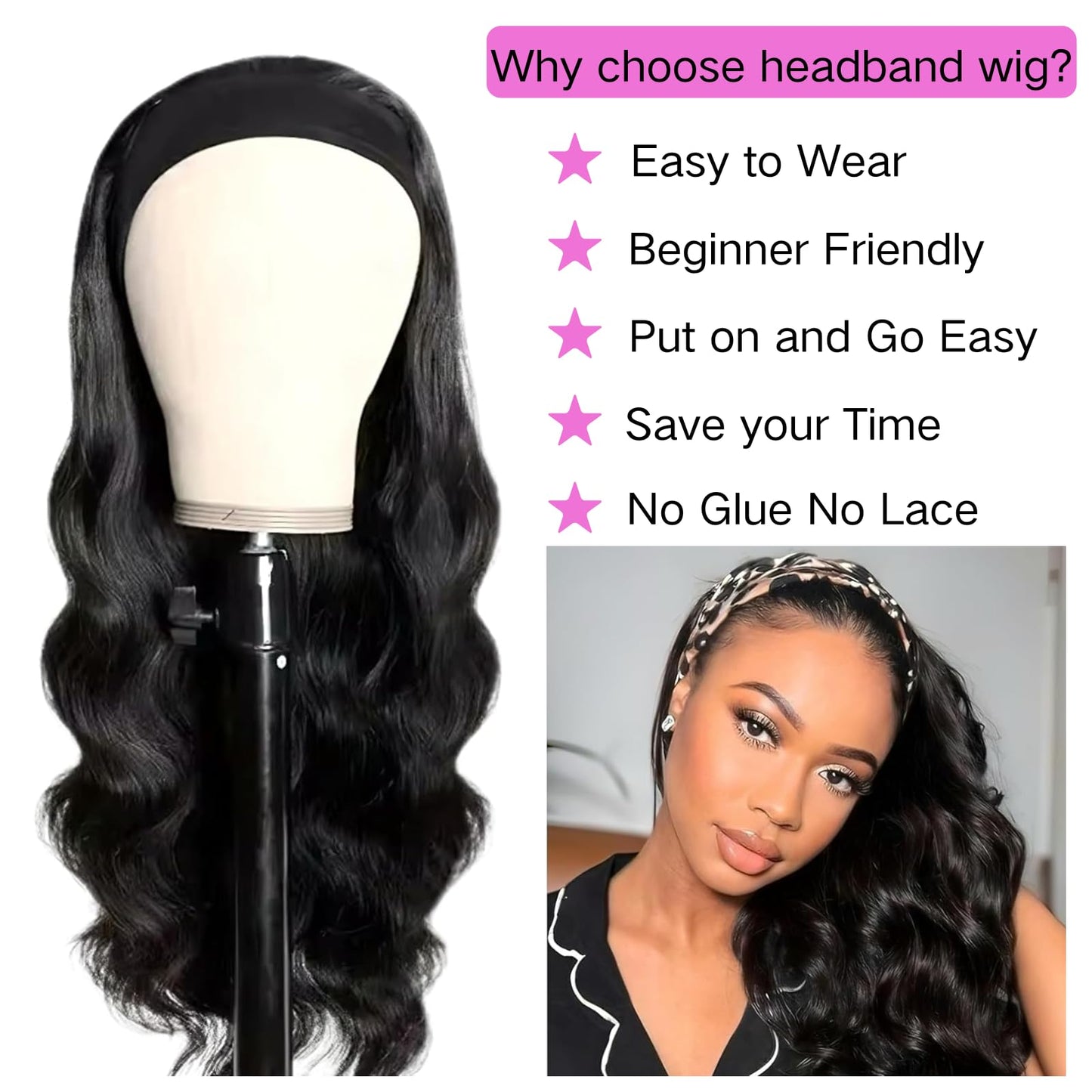 Comfair Headband Wig Human Hair Body Wave 14 Inch Glueless No Sew Headband Wig 100% Brazilian Virgin Hair 180% Dencity Wear and Go Headband Wigs for Black Women Natural Color Beginner Friendly