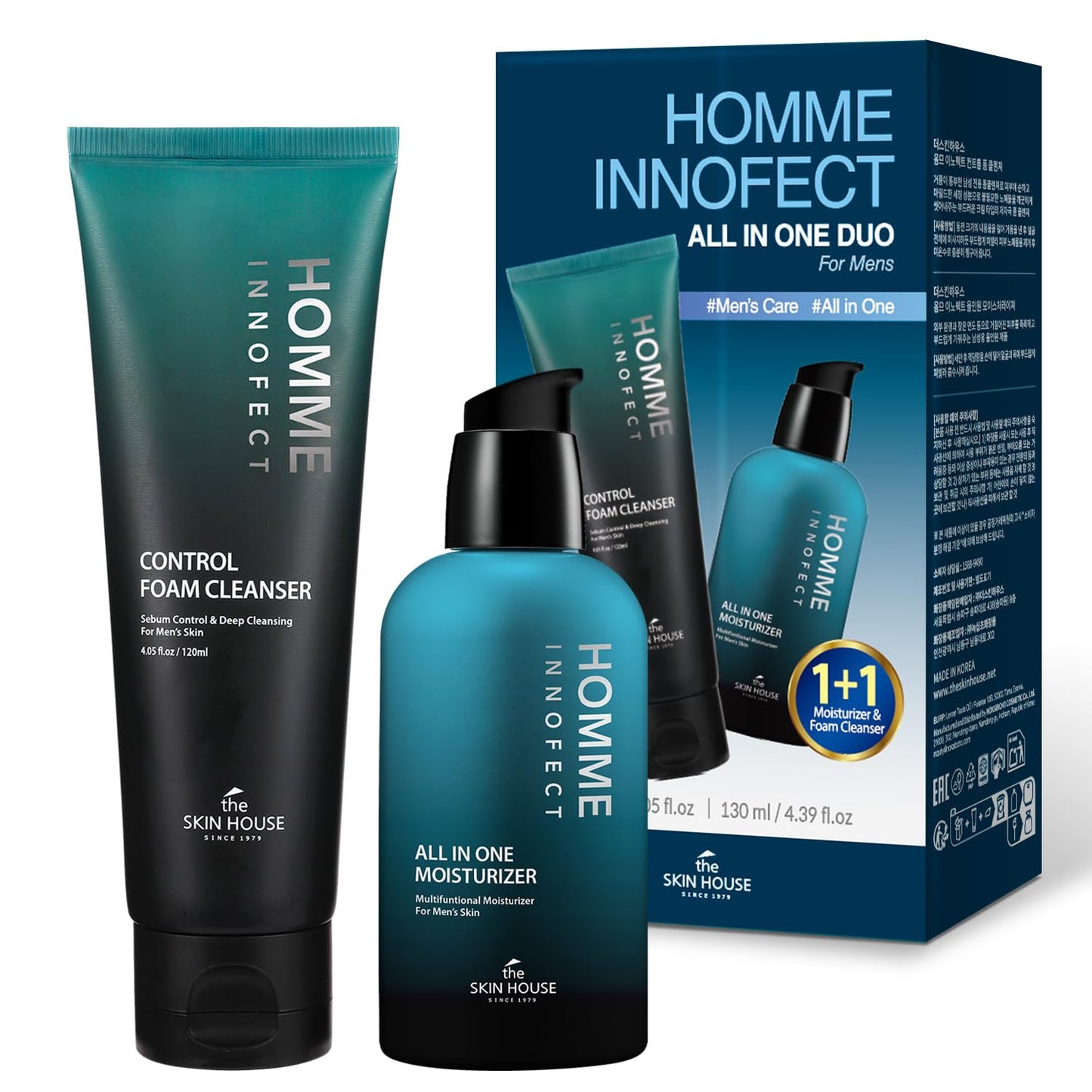 The Skin House HOMME INNOFECT All-in-One Skincare Duo for Men | Foaming Face Wash & All-in-One Moisturizer (Toner + Serum + Aftershave Balm) | Korean Skin Care for Sensitive Skin