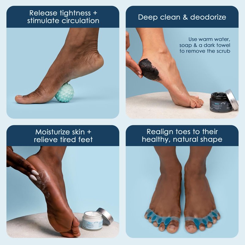Tucketts Foot Spa Kit for Women - More than a Pedicure Kit with Foot Massage Ball, Toe Separators for Bunions, Charcoal Foot Scrub, Shea Butter Moisturizer for Dry Feet, Self Care Gifts for Women
