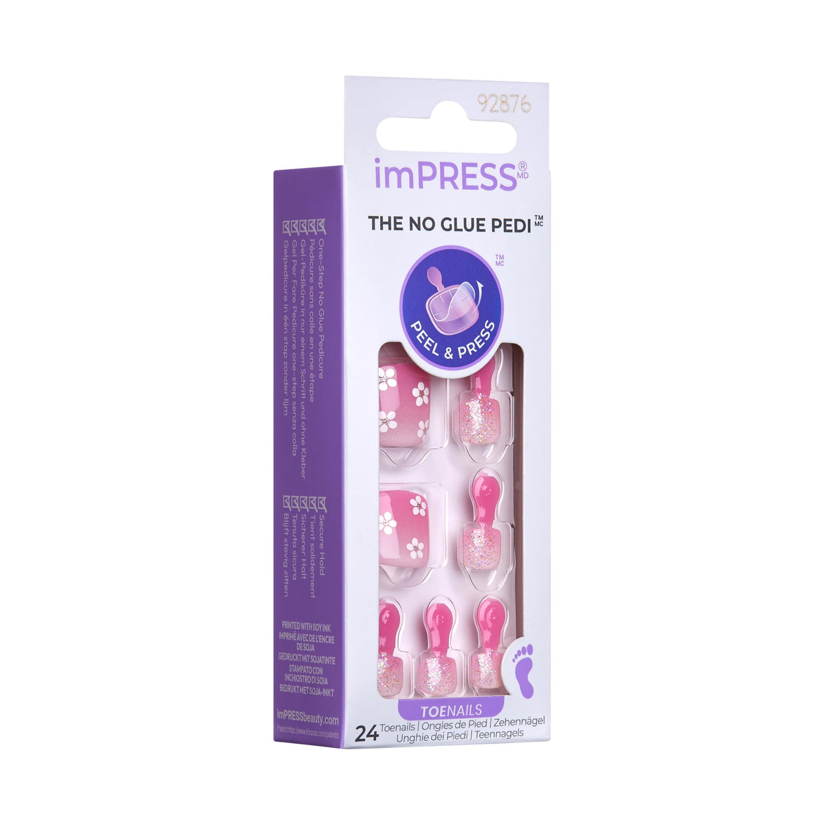 KISS Impress No Glue Pedi 30 Pcs Press on Toenails, Pink Stick on Extension False Nails for Toes, Peel & Press Easy Apply, Hassle-Free Removal, Includes Manicure Stick, Prep Pad & File