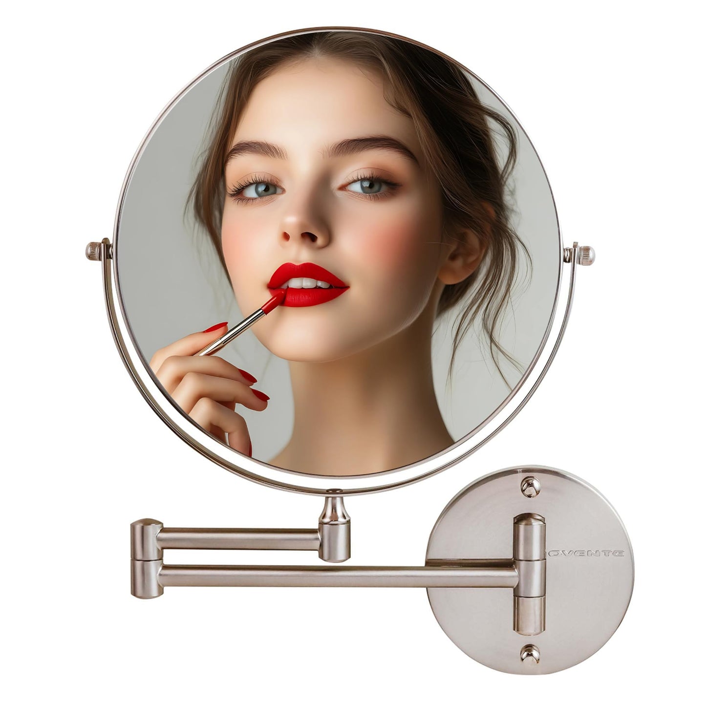 OVENTE 9" Wall Mounted Makeup Mirror with 1X/10X Magnification, Double Sided Magnifying Round Bathroom Vanity Mirror, 360° Swivel Design, Extendable and Folding Arm, Nickel Brushed MNLFW90BR1X10X